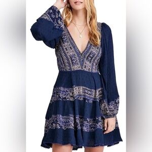 Free People Bohemian My Love Long Sleeve Minidress in Indigo Combo L